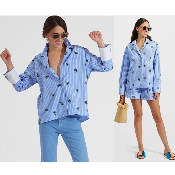 NEW LA DOUBLEJ Sequin Third Eye Striped Long Sleeve Oversized Button Up Shirt XS - Picture 5 of 10